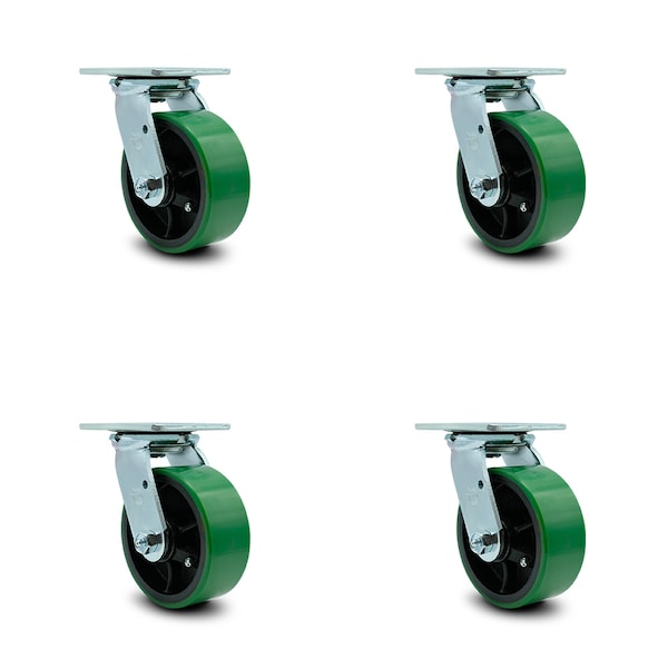 5 Inch Green Poly on Cast Iron Wheel Swivel Caster Set with Ball Bearings SCC